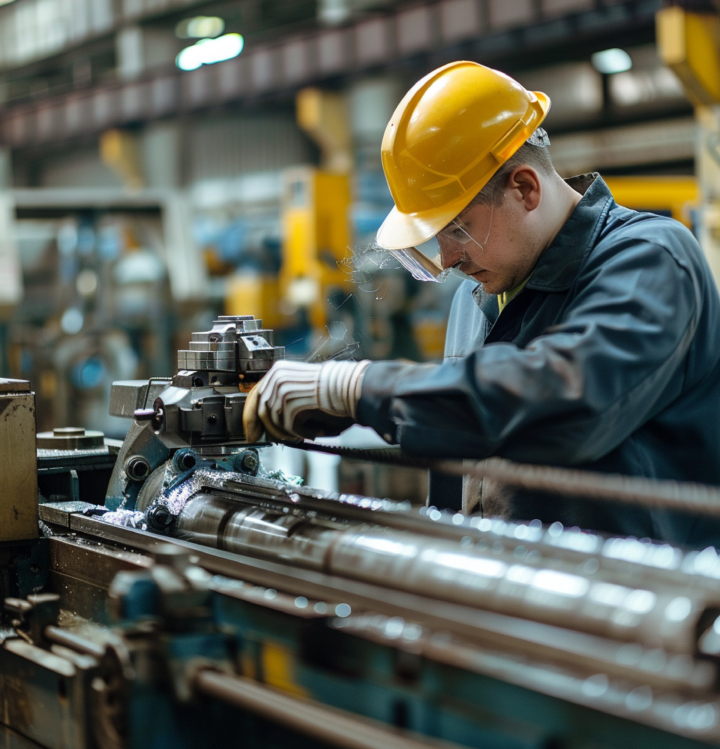 Engineer in a yellow hard hat and safety glasses working on a lathe